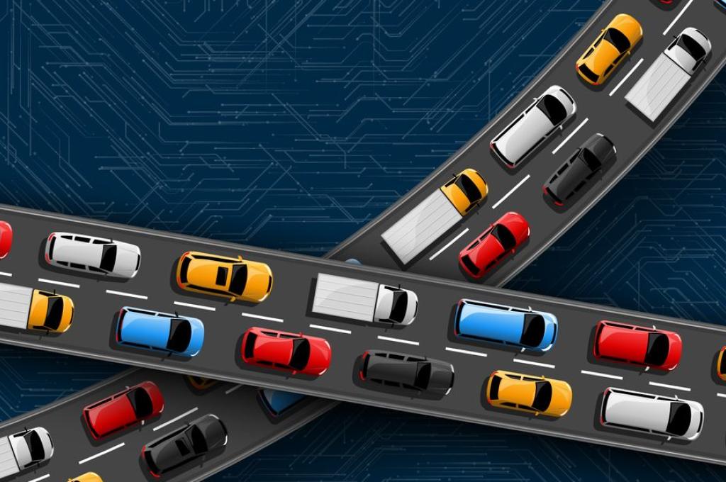 A graphic of two highways intersecting with bumper-to-bumper colourful cars.