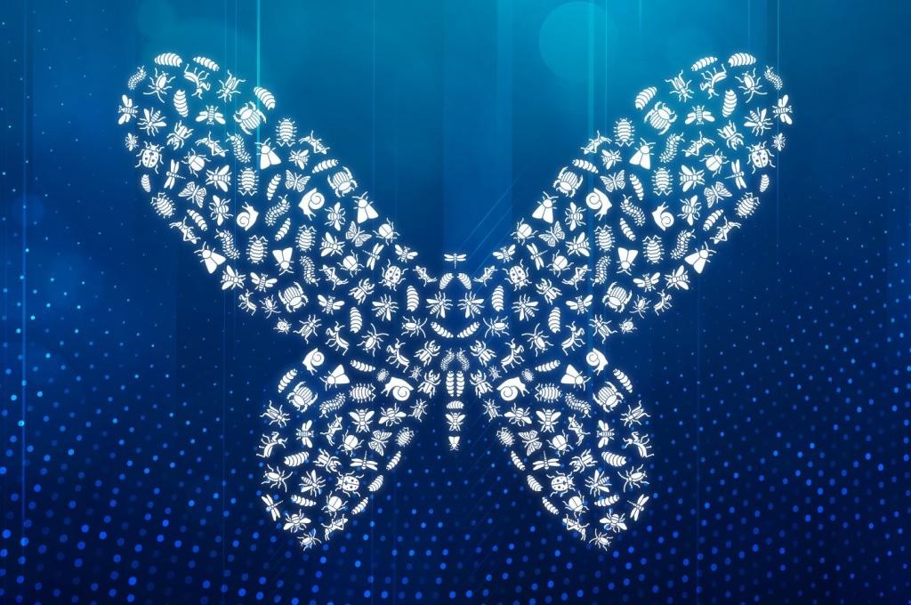A graphic depicting the shape of a butterfly made up of many small insects.