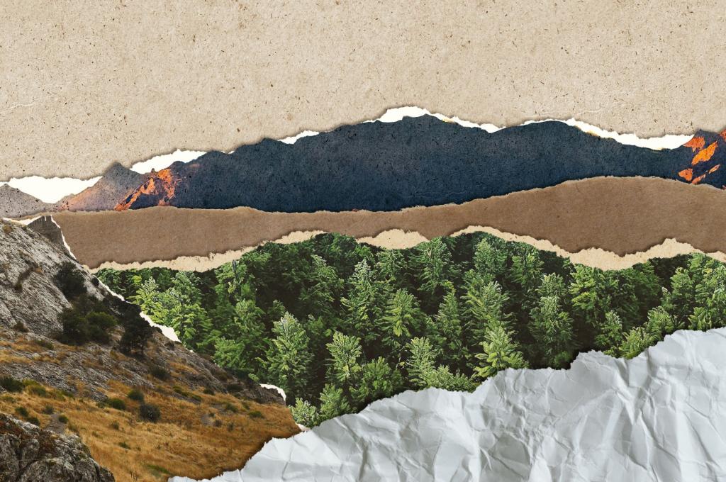 Abstract landscape with torn deckled paper edges. 