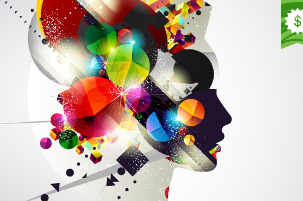 Illustration of an explosion of dynamic colourful shapes contained within a silhouette of a person’s profile.