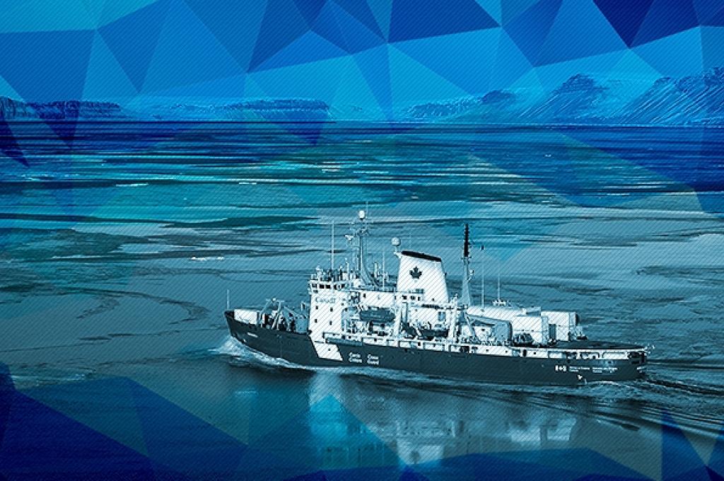 The CCGS Amundsen, a large research icebreaker, plows through a wide stretch of sea ice. The photo is overlaid with a blue textured pattern.
