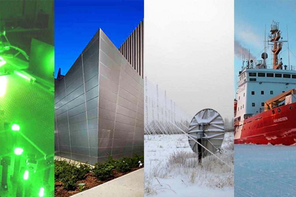 A compilation of images representing four major science projects. The first is a dark platform lit up with bright green light; the second an angular, pointy building; the third a weather radar station with a satellite dish in a snowy field; and the last is a large red and white icebreaker surrounded by frozen water.