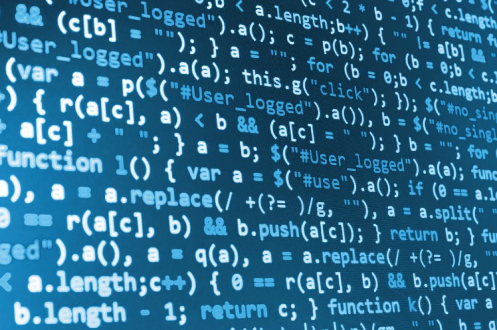 Plusieurs symboles et lettres forment un algorithme sur un écran bleu