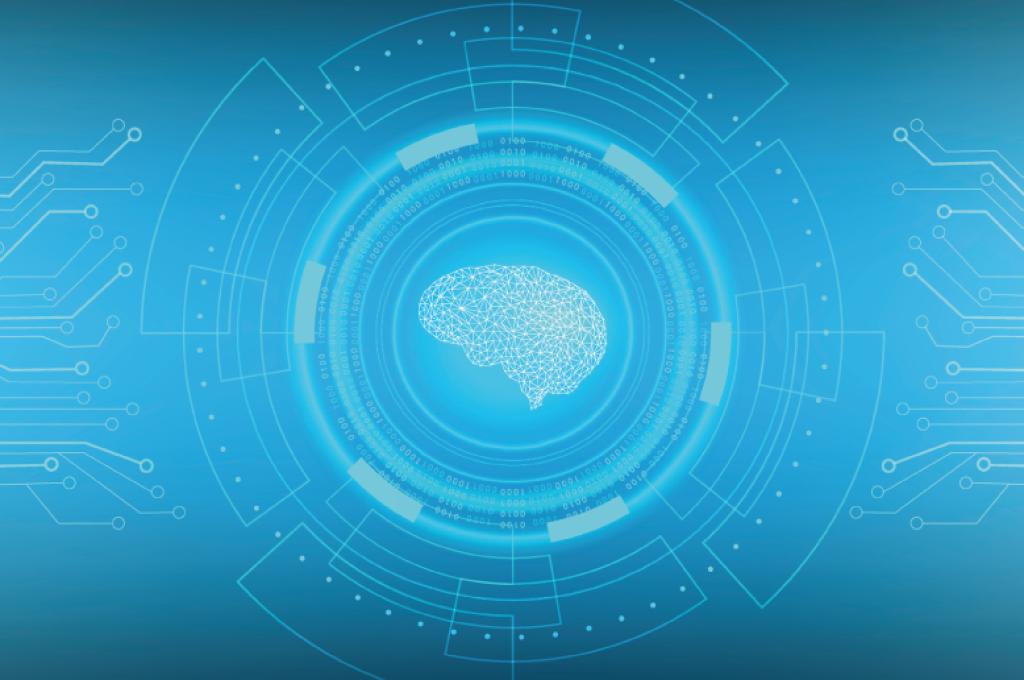 Dessin en mode vectoriel d'un cerveau à l'intérieur d'un cercle, composé de circuits, sur un fond bleu.