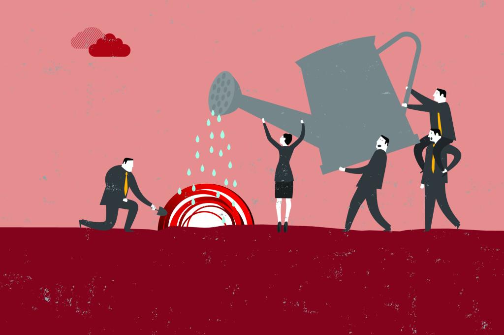 Illustration of three men and a woman in grey suits carrying a giant watering can. From left to right: the woman is helping tilt the watering can by its neck, one man is supporting it from its base, and the other two men, one sitting on top of the other’s shoulders, is holding the handle. Water droplets pour out of the nozzle, falling onto the CFI’s circular red logo growing out of the soil. To the left of the logo, a fourth man is crouching on one knee in the dirt, holding a gardening spade
