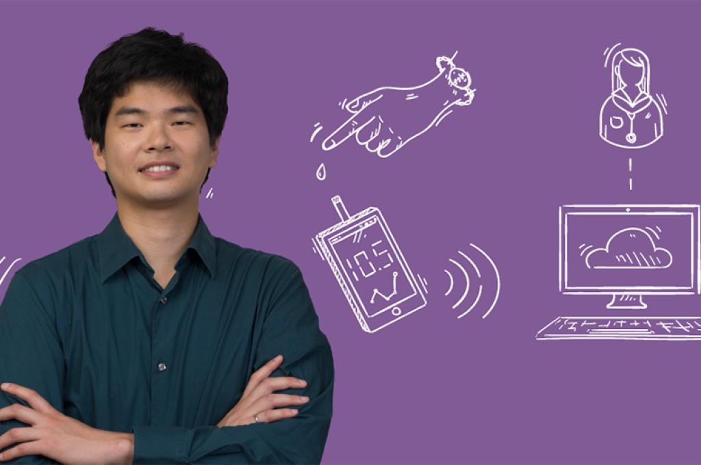PhD student Austin Lee posing for a photo over a purple background.