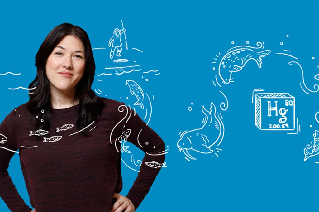 Catherine Girard poses with line drawing illustrations around her.