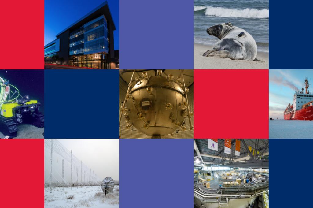 A collage of photos featuring research infrastructre, facilities and equipement alternating with red, light blue and dark blue squares.