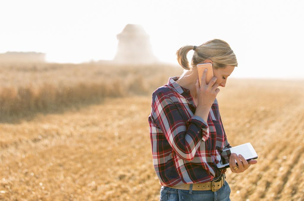 Dans un champ en jachère, une femme fait un appel sur un téléphone intelligent tout en consultant une tablette.
