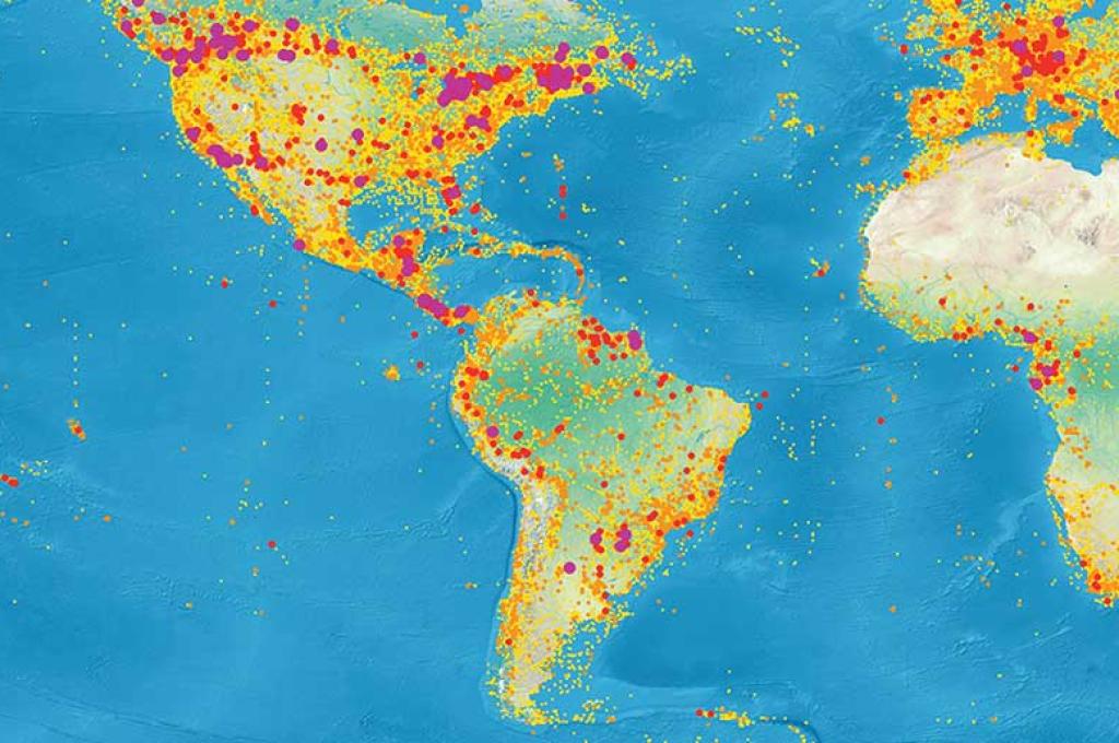 A world map containing heat signatures.