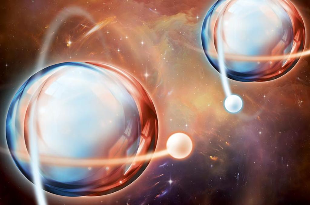 An artist’s representation of “entanglement,” one of the properties of quantum mechanics. The image shows two circles, one larger than the other. Each orb has two smaller circles moving around it in different directions. 