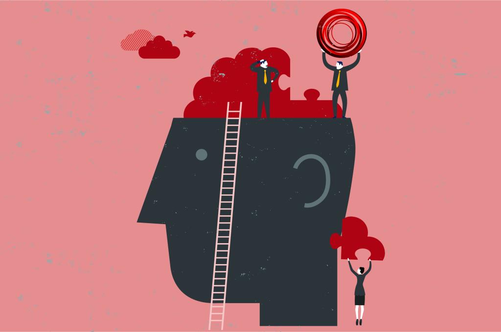 Illustration of a giant grey head with an open skull cap, revealing his brain. A portion of the brain in the shape of a puzzle piece is missing. Two men in grey suits stand on top of the head. The man to the left is scratching his head, while the man on the right is carrying the CFI’s red circular logo above his head. Beneath them, a woman in a grey suit is holding up the brain’s missing puzzle piece