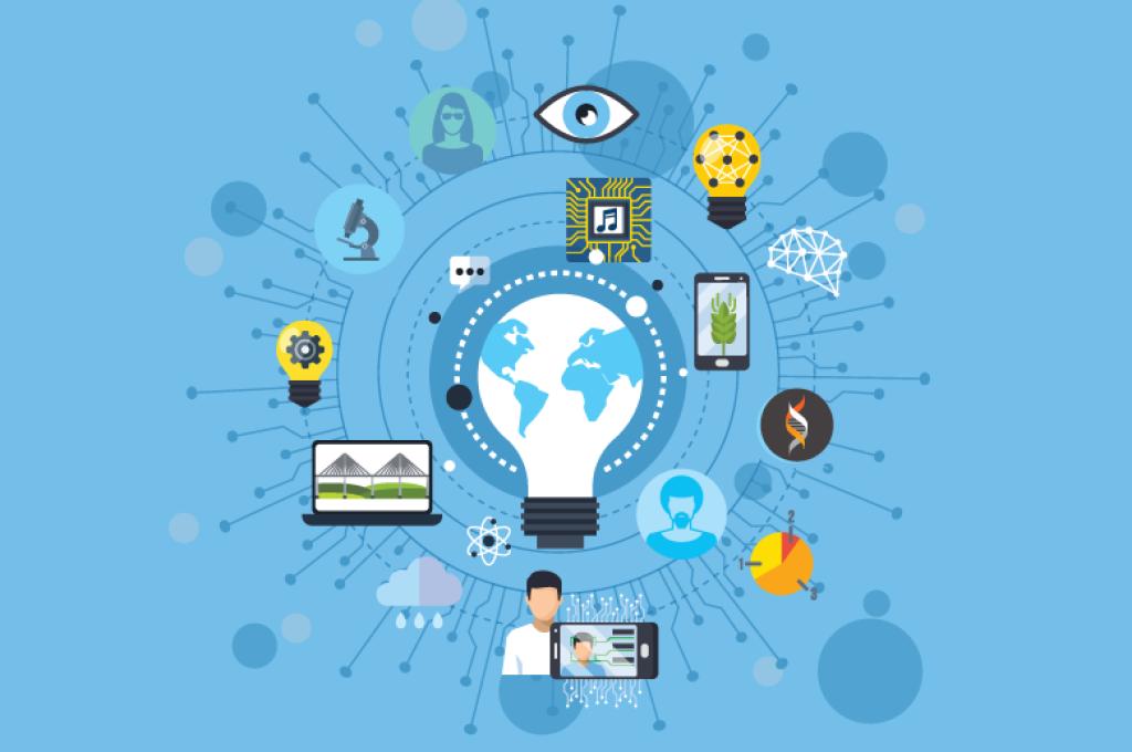 An amalgmation of vector graphics representing research and envirommental issues.