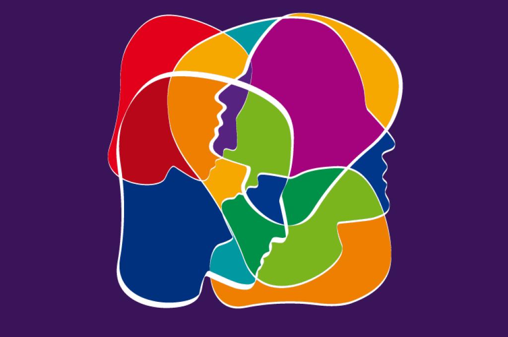 An illustration of many multi-coloured human heads overlaying each other.
