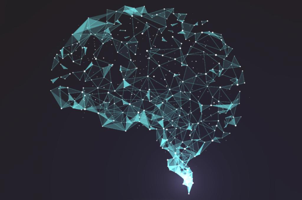 Des points reliés par des lignes bleues forment un cerveau