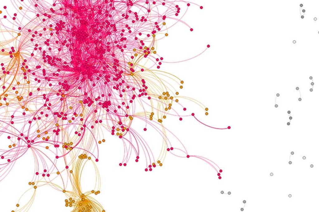 A starburst of pink, yellow and gray dots, partially connected by curving lines, is meant to represent the relationships between gay liberation activists in Canada.