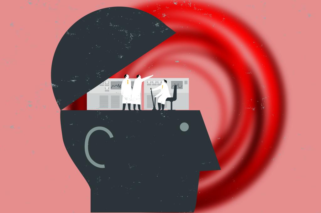A vector graphic of opened head symbol with researchers and research infrastructure inside over the CFI logo on red background.