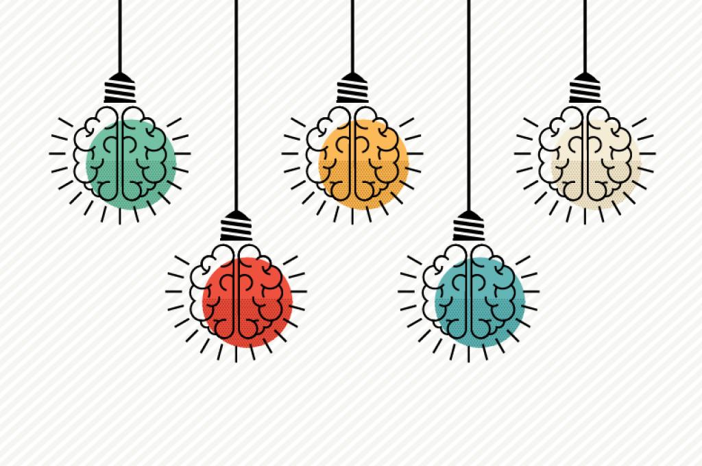Five sketches of human brains hang like lightbulbs from the ceiling
