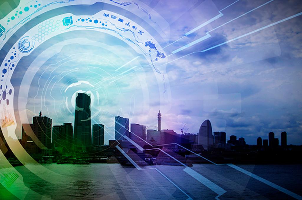 Un paysage urbain apparait dans des cercles concentriques, des icônes indiquent l’interactivité.