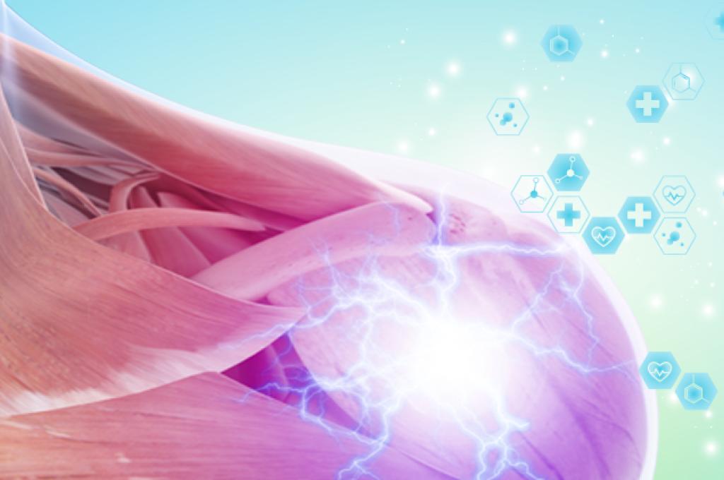 Un dessin conceptuel de la structure musculaire d’une épaule humaine, la douleur est représentée par un point lumineux. Des icônes médicales en arrière-plan.