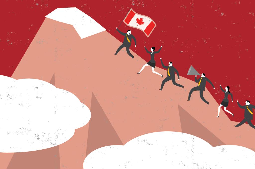 Illustration of a group of men and women running up a mountain. The leader is waving a Canadian flag.