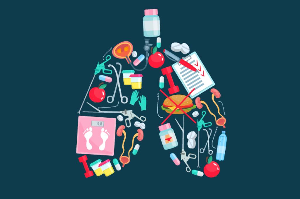 Illustrations of medical equipment arranged in the shape of human lungs