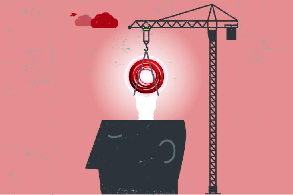 A vector graphic of a crane pulling out the CFI logo from a head symbol with the top half missing.