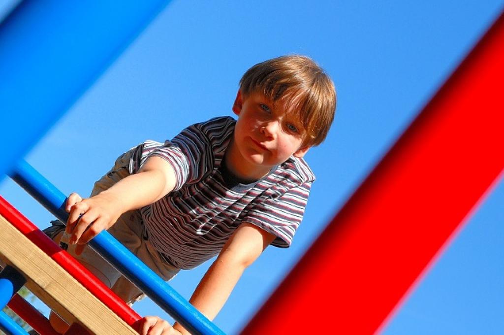 A young boy peers through the bars of a playground structure