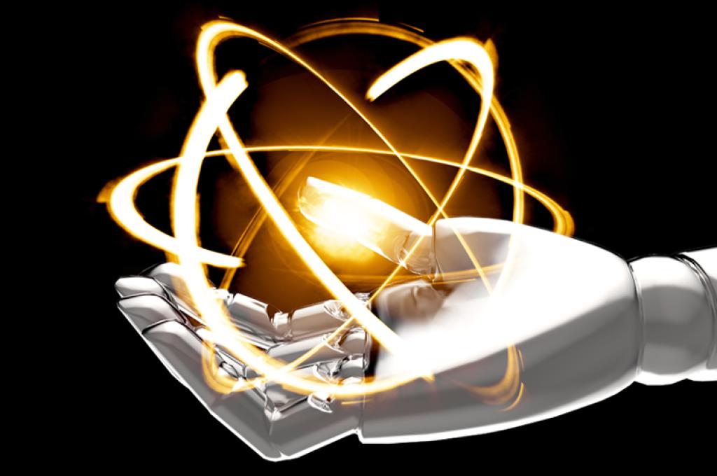 A robot hand holds a glowing, stylized atom