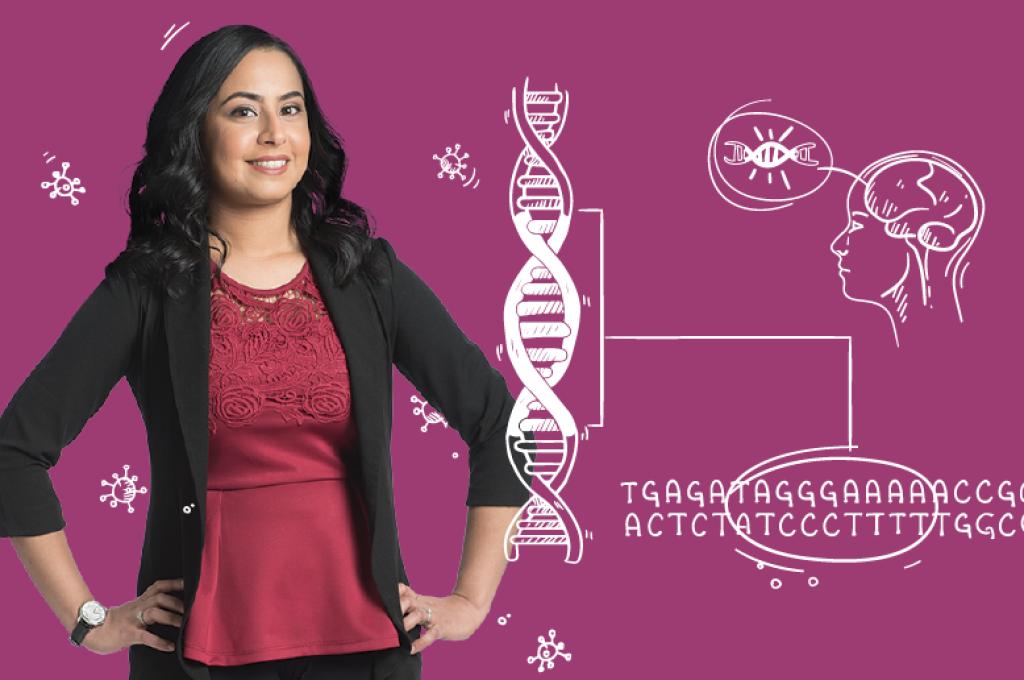 Etudiente en doctorat Sheena Gurm se tient entourée de dessins qui représentent l'ADN