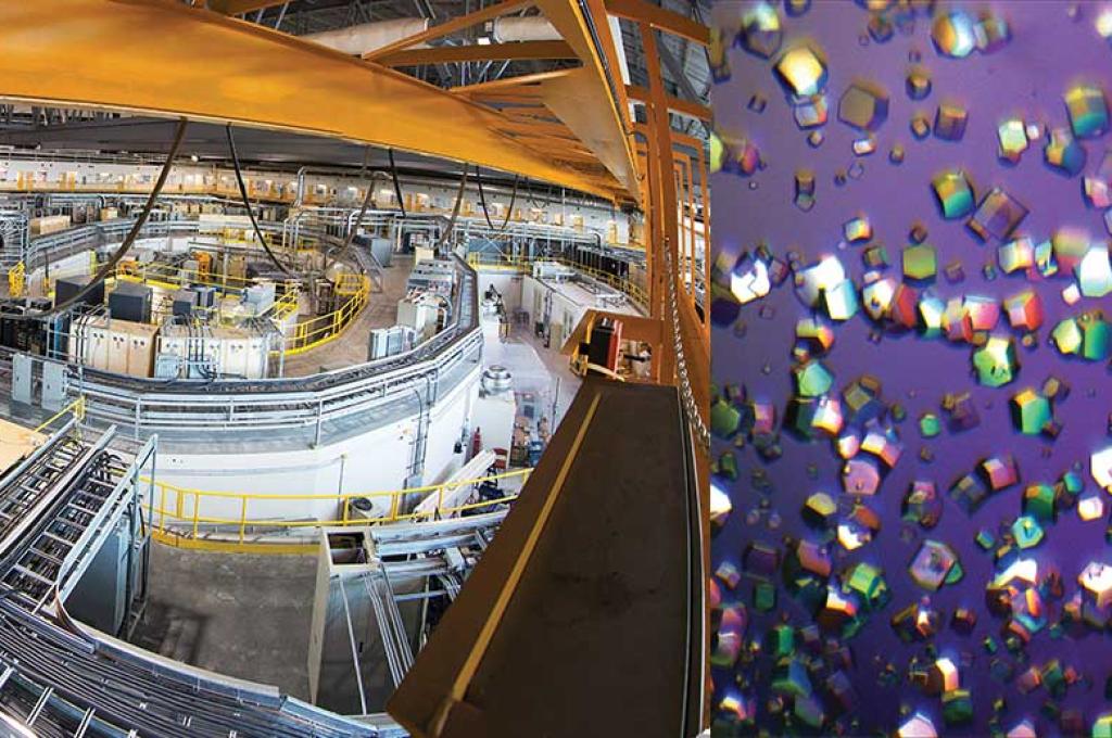 A huge, circular room is entirely filled by a ring-like structure of large metal pipes. Inset is a series of colourful protein crystals photographed on a purple background.