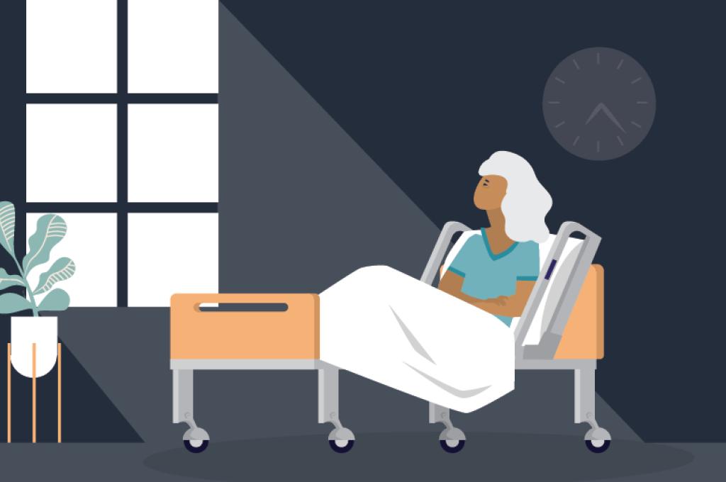 Illustration d’une femme aux cheveux blancs, assise sur un lit d’hôpital, regardant par la fenêtre