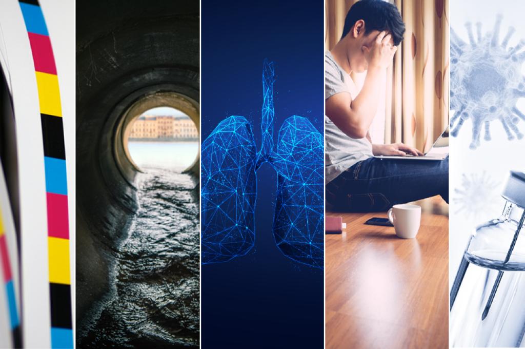 Collage de photos comprenant une bande papier du code couleur CMJN pour l'impression, un tuyau d'égout, un graphique en 3D de poumons, une personne allongée et un vaccin.