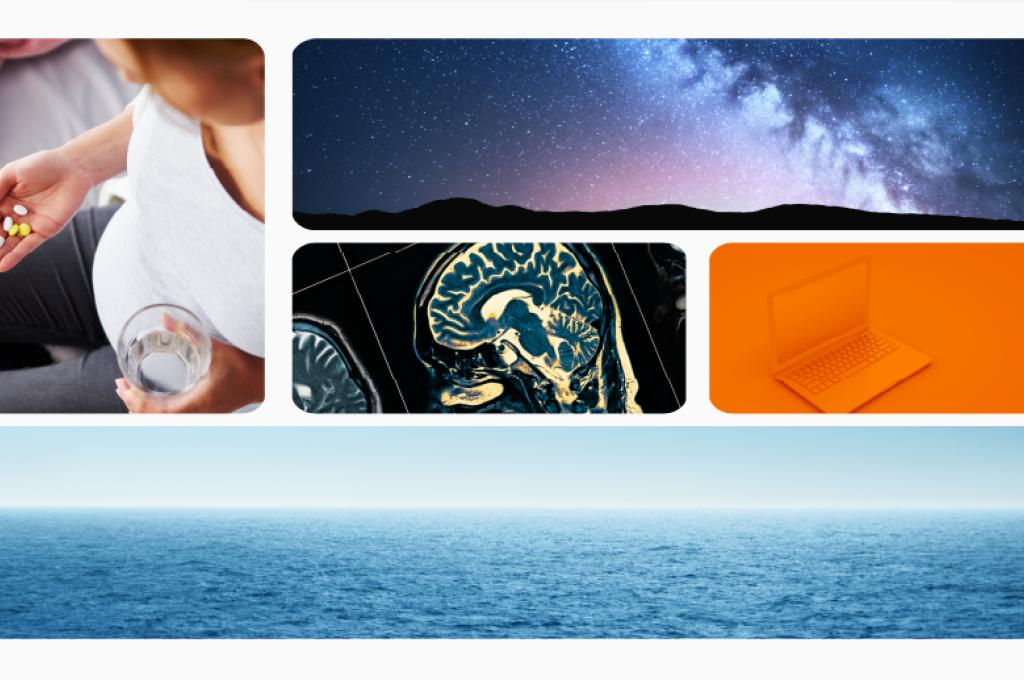 A collage of photos which includes a starry sky, an ocean, a  laptop a radiography of a brain and a hand with pills..