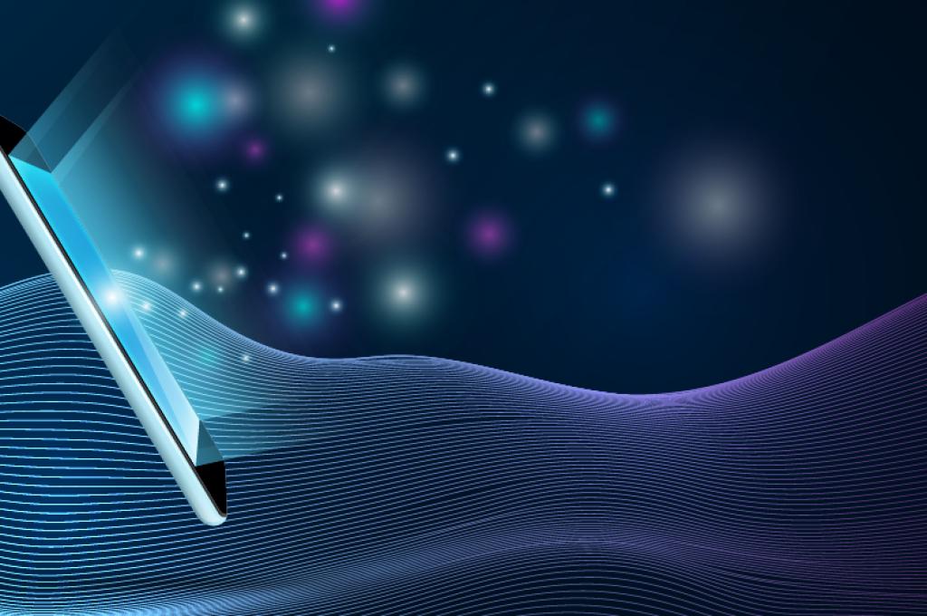 Smartphone screen emitting points of light and appearing to float over an sound wave