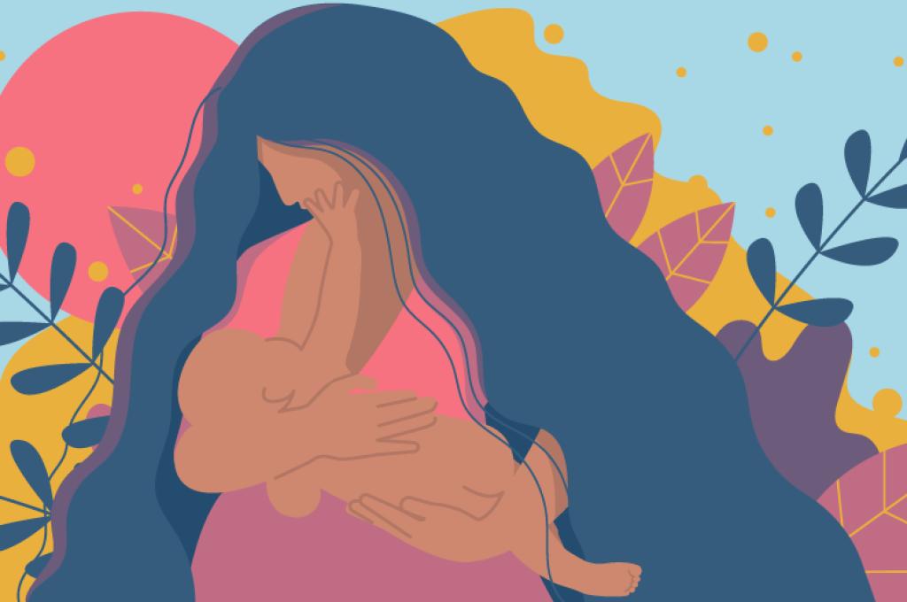 Illustration de couleur pastel d’une femme qui berce un nourrisson posé sur sa poitrine, de longs cheveux et des branches feuillues rayonnant vers l'extérieur.