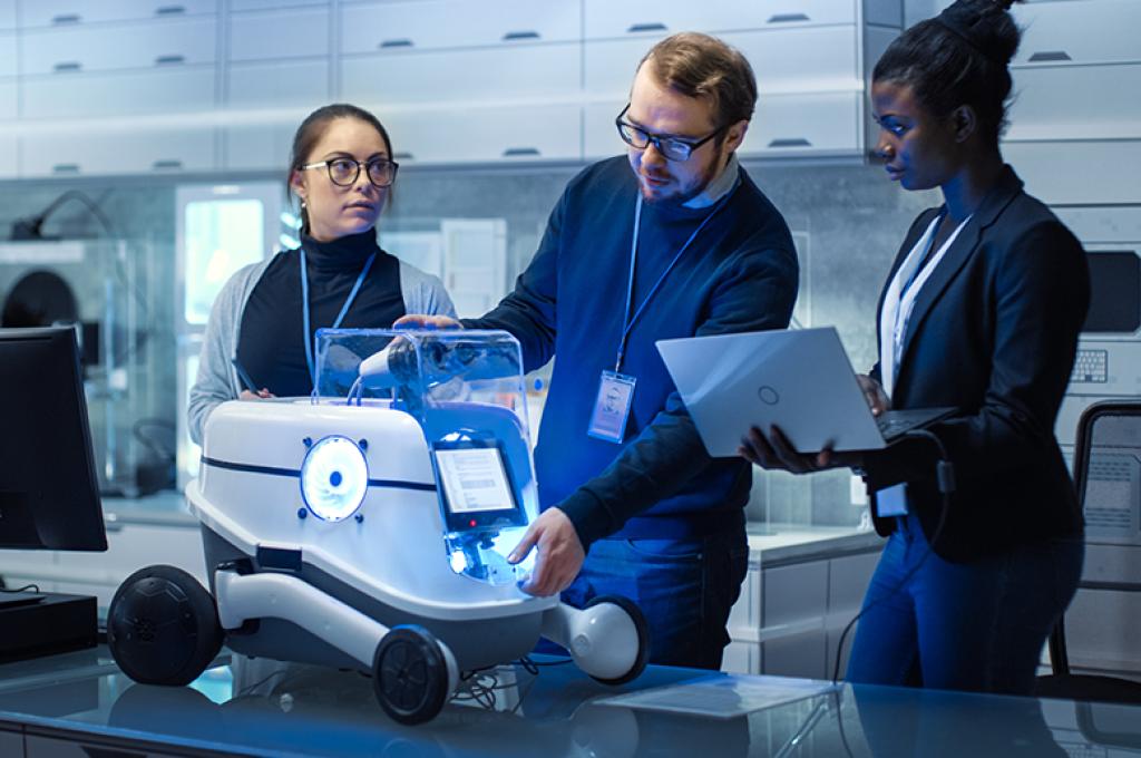 Scientists work on innovative robotics technology in a modern laboratory.
