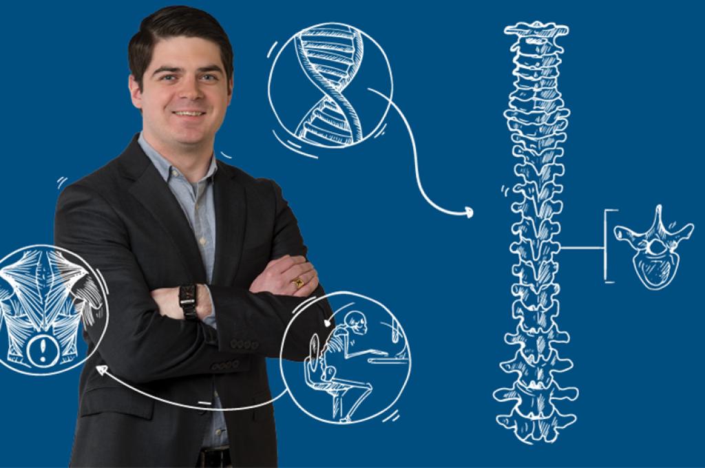 Master's student Ryan Greene posing for a photo over a blue background.