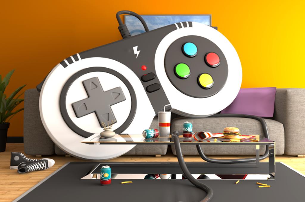 An oversized video game controller appears to lounge on a couch looking toward a coffee table with drinks and snacks