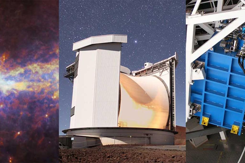 A compilation of the Milky Way as seen from space, a tall, circular building containing the telescope and a powerful space camera, which looks like a large blue box. 