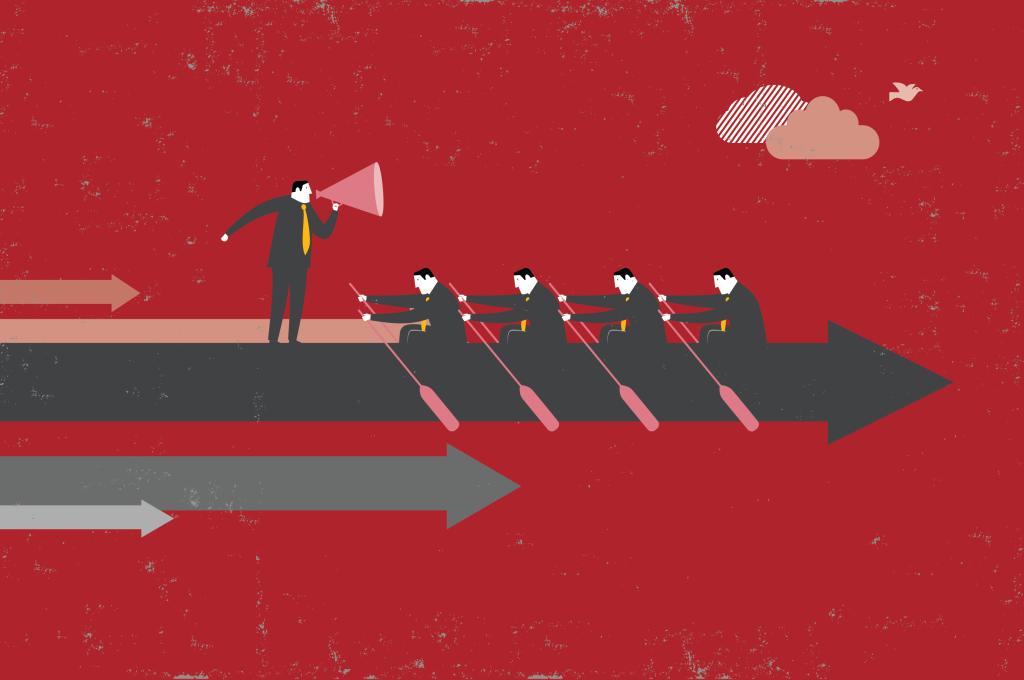 Illustration of four men in business suits rowing a vessel shaped like an arrow. A fifth man, standing in front of them, shouts from a megaphone.