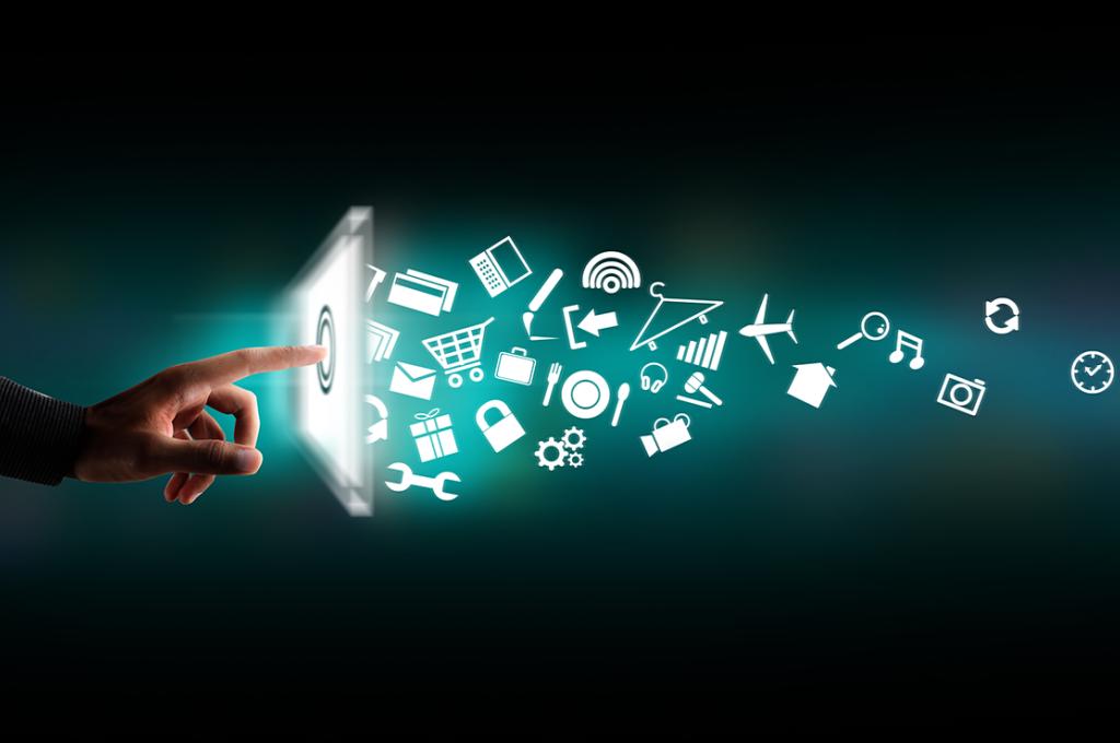 An conceptual image of a finger touching a free-floating screen, with action icons streaming out the back.