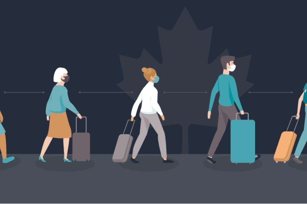 An illustration of a lineup of people wearing masks and pulling wheeled suitcases