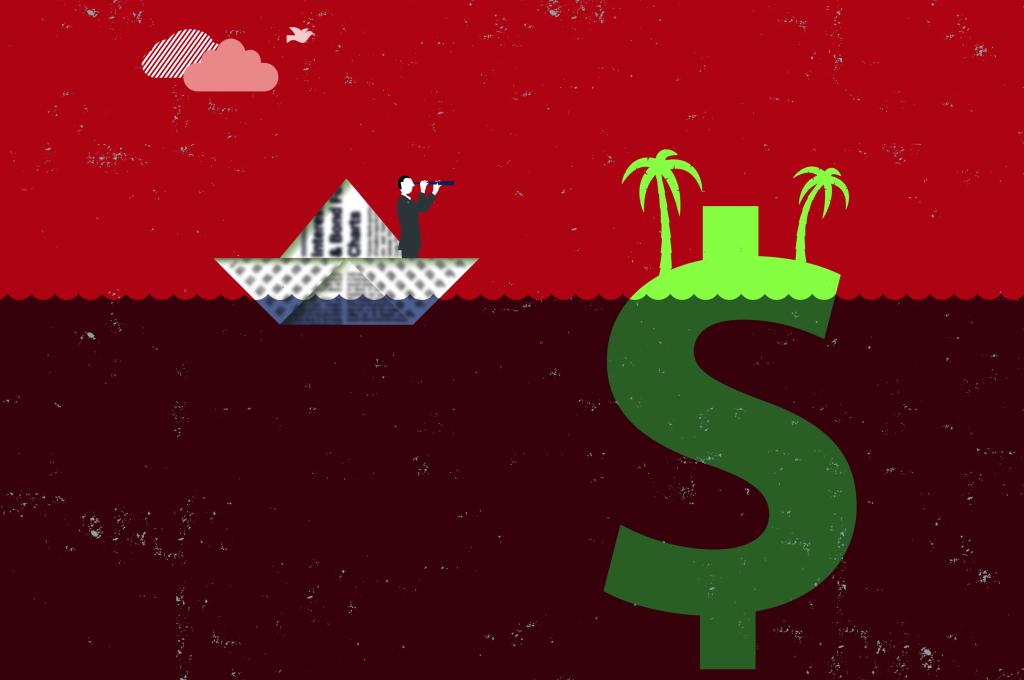 Illustration of a man in a grey suit aboard a little boat made out of newspaper. He is at sea and is looking through a nautical telescope. To the right of the boat, there is a large green dollar sign, mostly submerged under water. The top part of the dollar sign sticking out of the water has two palm trees growing on it.
