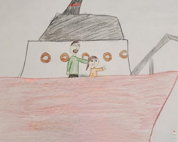 Dessin d’enfant représentant un bateau sur le pont duquel se tiennent un homme et une petite fille et un carottier qui remonte une carotte sédimentaire.